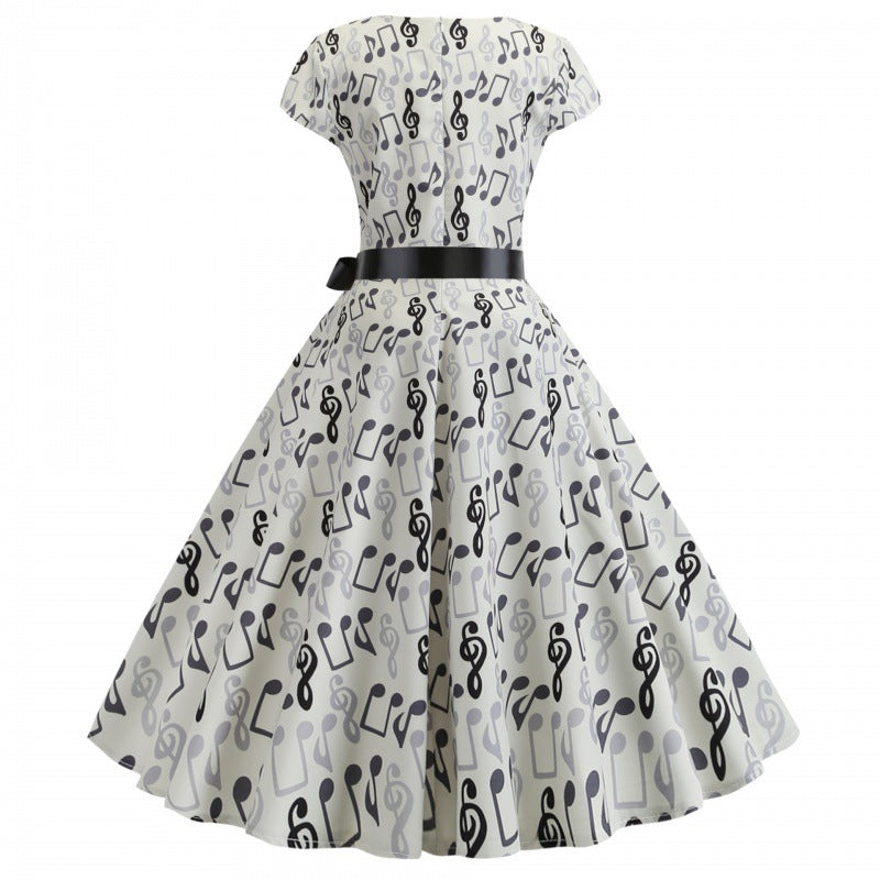 Damen Rockabilly Kleid mit musikalischem Motiv und tailliertem Design Drune