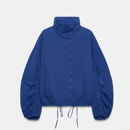 Damen Kurz geschnittene Wollmix-Jacke mit Stehkragen, Reißverschluss und Ballonärmeln Drune