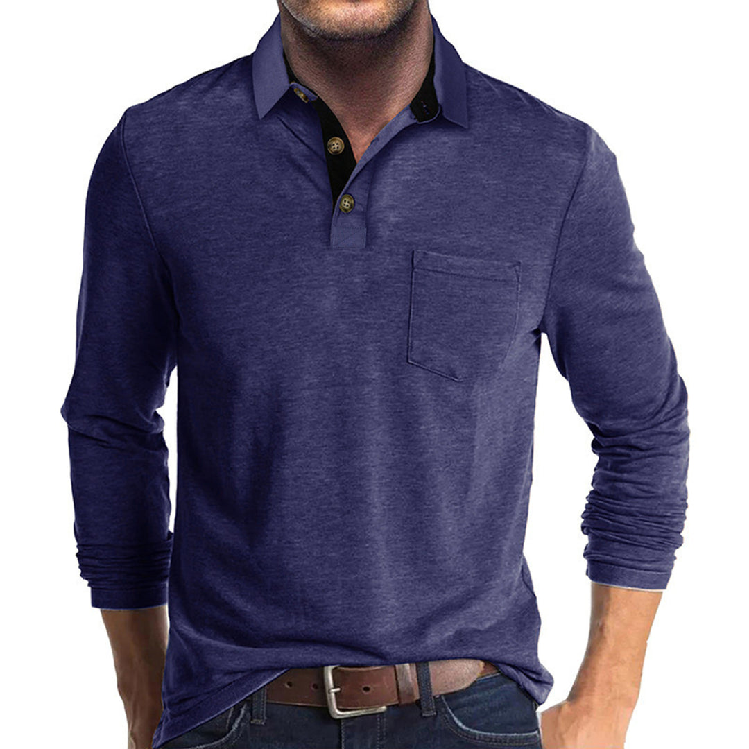 Herren langärmliges Polohemd mit Brusttasche, Kontrastknopfleiste und legerer Stretch-Passform Drune