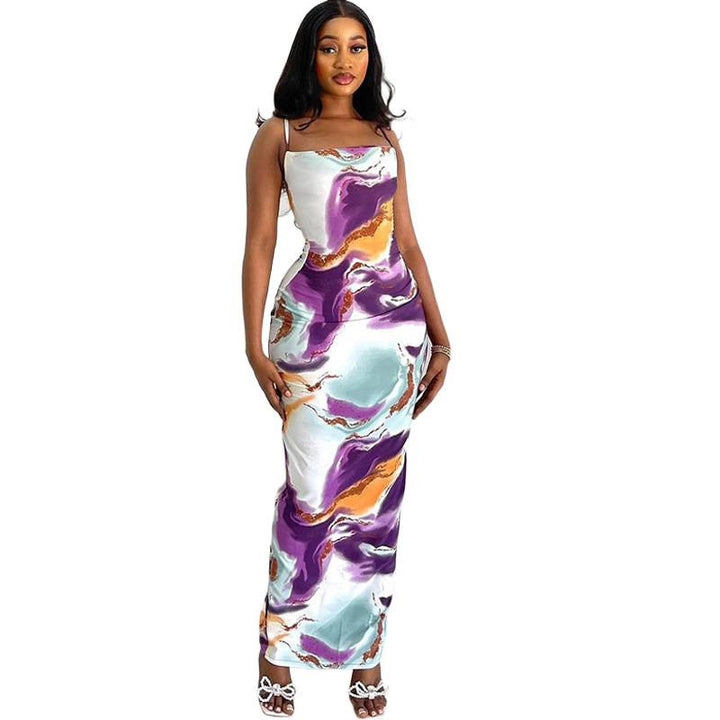 Damen Maxikleid mit anpassbarem Spaghettiträgerschnitt und schickem Marmor-Design Drune