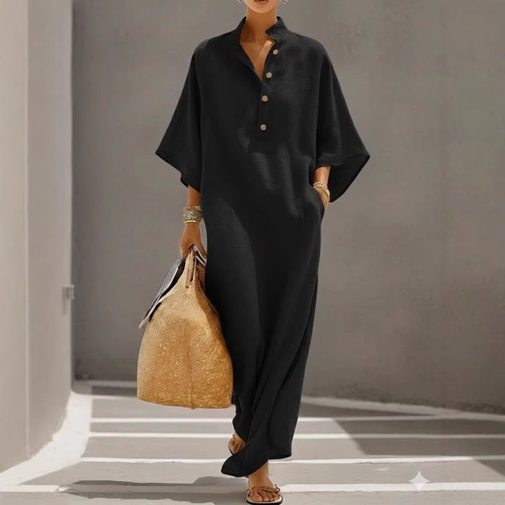 Damen Weites Kaftan-Midikleid mit Stehkragen und 3-Knopf-Blende Drune