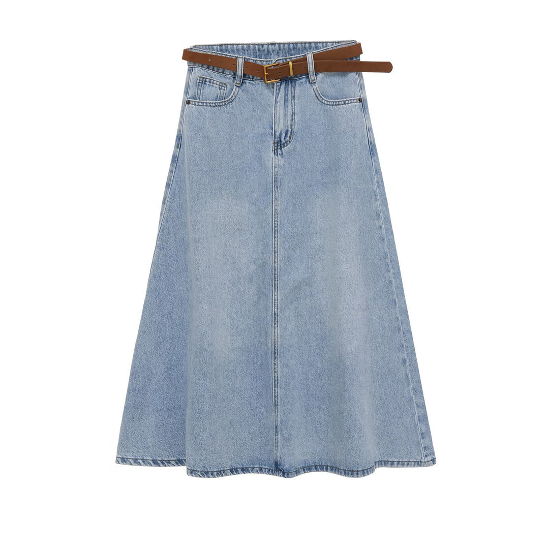 Damen Jeans-Midirock im A-Linien-Schnitt mit hohem Bund und Taillengürtel Drune