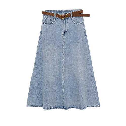 Damen Jeans-Midirock im A-Linien-Schnitt mit hohem Bund und Taillengürtel Drune