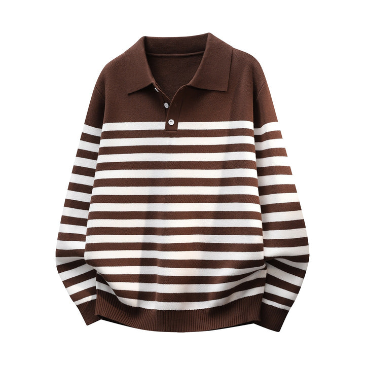 Herren Gestreifter Oversize Polo Strickpullover mit Halbknopfblende und gerippten Abschlüssen Drune