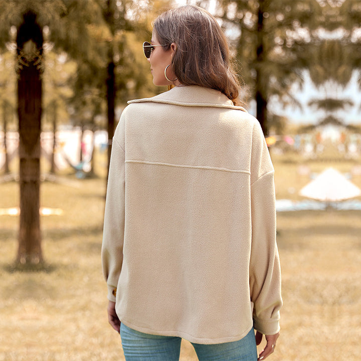 Damen Oversize-Fleece-Hemdjacke mit aufgesetzten Brusttaschen und durchgehender Knopfleiste Drune