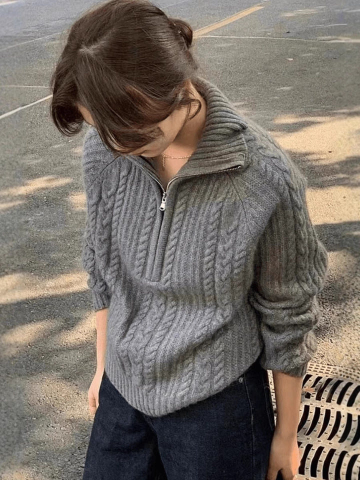 Damen Zopfstrick-Polokragenpullover mit Halbreißverschluss und weichem Mohair-Look Drune