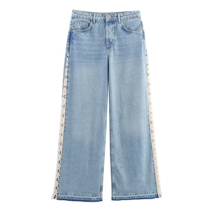 Damen weite Jeans mit floralen Spitzenapplikationen Drune