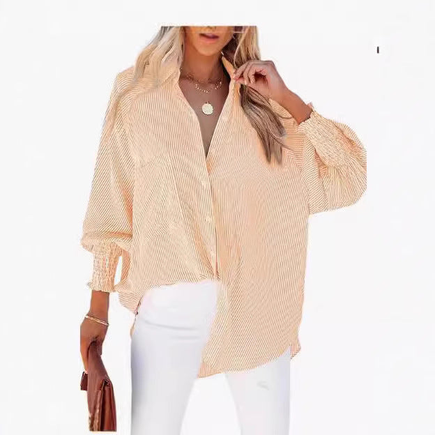 Damen legere Hemdbluse mit modischen Rüschenärmeln und Streifenmuster Drune