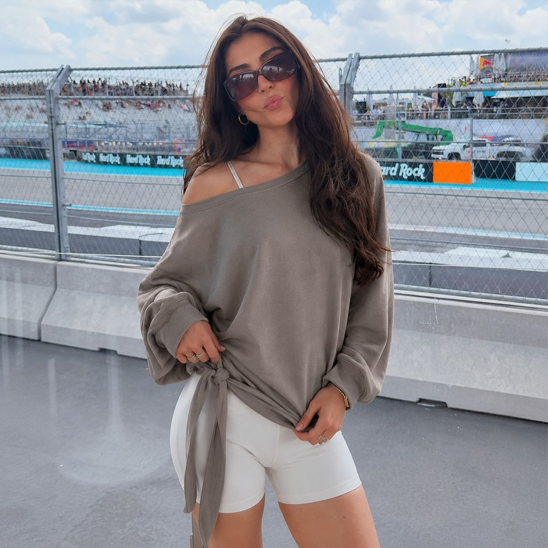 Damen schulterfreies Sweatshirt mit Knotengürtel und Oversize-Schnitt Drune