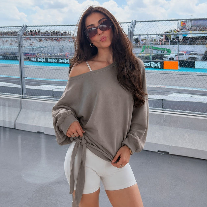 Damen schulterfreies Sweatshirt mit Knotengürtel und Oversize-Schnitt Drune