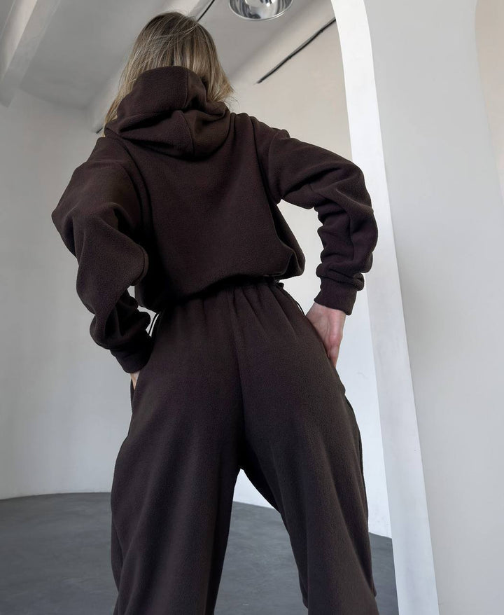 Damen gemütlicher Fleece-Jumpsuit mit Kapuze und elastischem Bund Drune