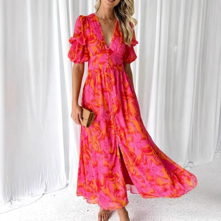 Damen Maxikleid mit floralem Print und tiefem V-Ausschnitt Drune