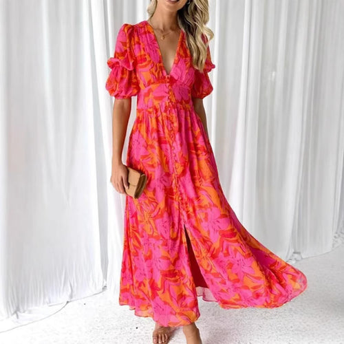 Damen Maxikleid mit floralem Print und tiefem V-Ausschnitt Drune