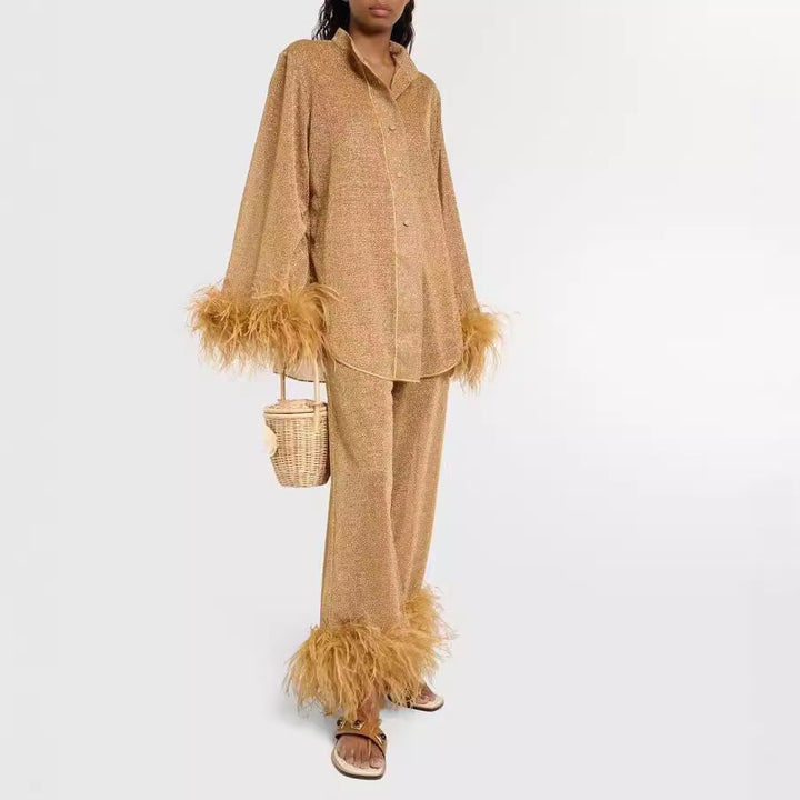 Drune | Herbst Winter Feder Stehkragen Langarmoberteil und Hosen Set