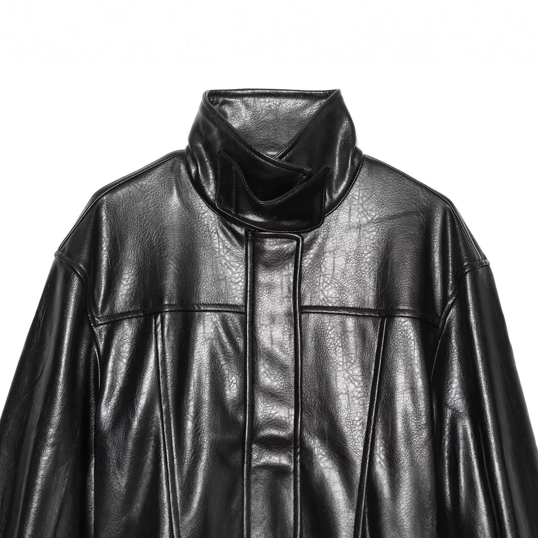 Damen Kurzer Oversize-Kunstledertrench mit hohem Stehkragen und Taillengürtel Drune