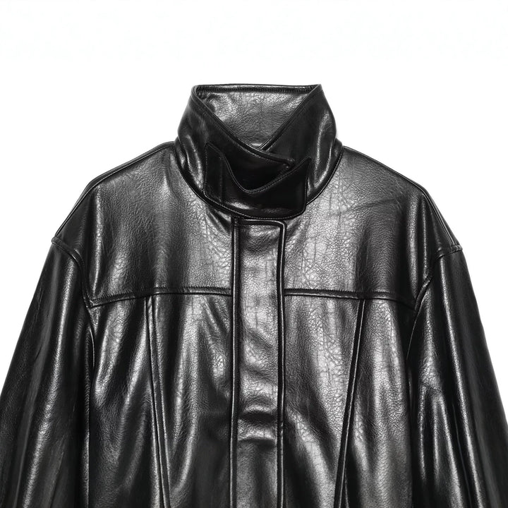 Damen Kurzer Oversize-Kunstledertrench mit hohem Stehkragen und Taillengürtel Drune