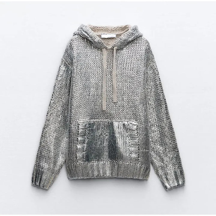 Damen Glitzernder Strickpullover mit Kapuze und praktischer Kängurutasche Drune