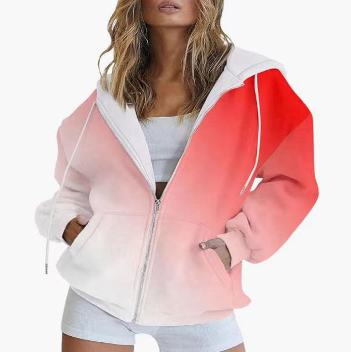 Damen Oversize-Kapuzenjacke mit Farbverlauf, Reißverschluss und Kängurutaschen Drune