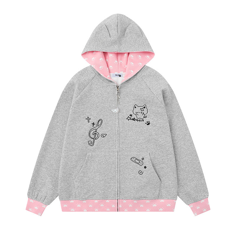 Damen Kapuzenjacke mit Reißverschluss im Casual‑Kawaii‑Stil, Kontrastkapuze, Comic‑Prints und Rippbündchen Drune