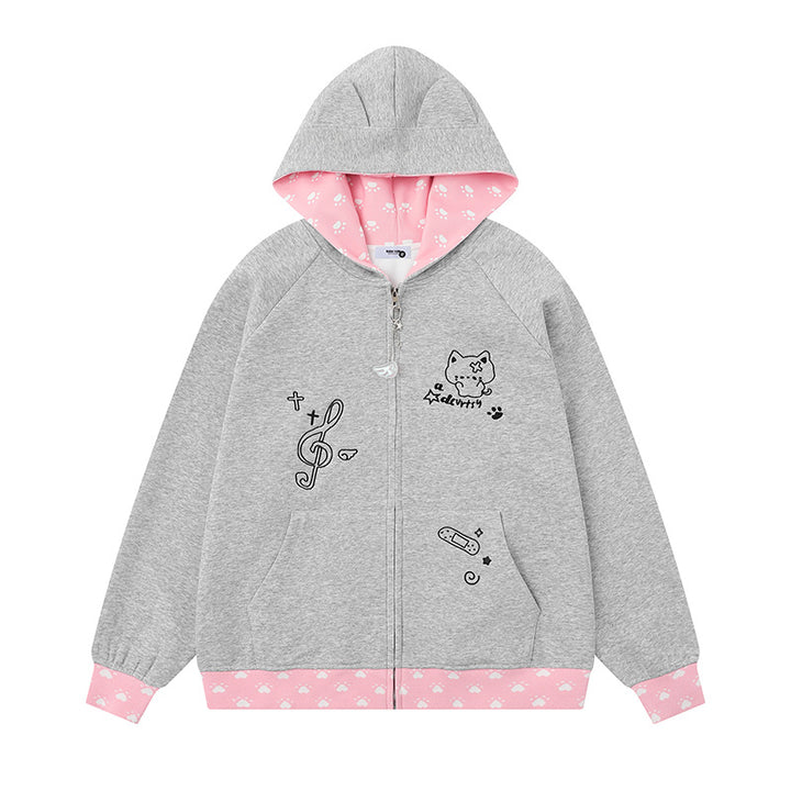 Damen Kapuzenjacke mit Reißverschluss im Casual‑Kawaii‑Stil, Kontrastkapuze, Comic‑Prints und Rippbündchen Drune