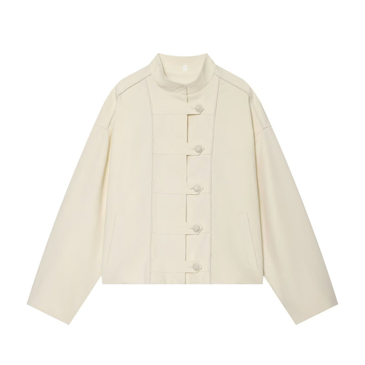 Damen Boxy-Jacke mit Stehkragen und dekorativer Knebelknopfleiste Drune