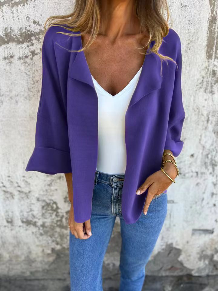 Damen nan legerer offener Strickcardigan mit Schalkragen krempelbaren Ärmeln und kastiger Silhouette Drune