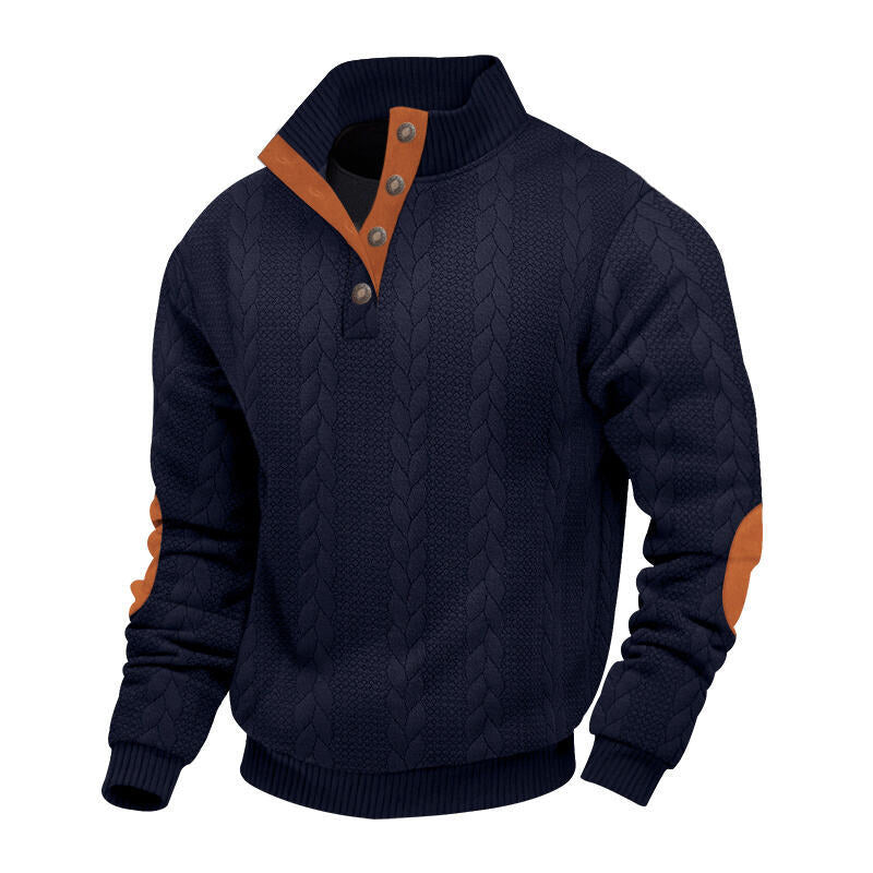 Herren nan grober Zopfstrick Troyer mit Knopfleiste und Veloursleder-Ellenbogenpatches Drune