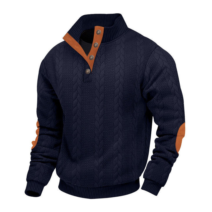 Herren nan grober Zopfstrick Troyer mit Knopfleiste und Veloursleder-Ellenbogenpatches Drune