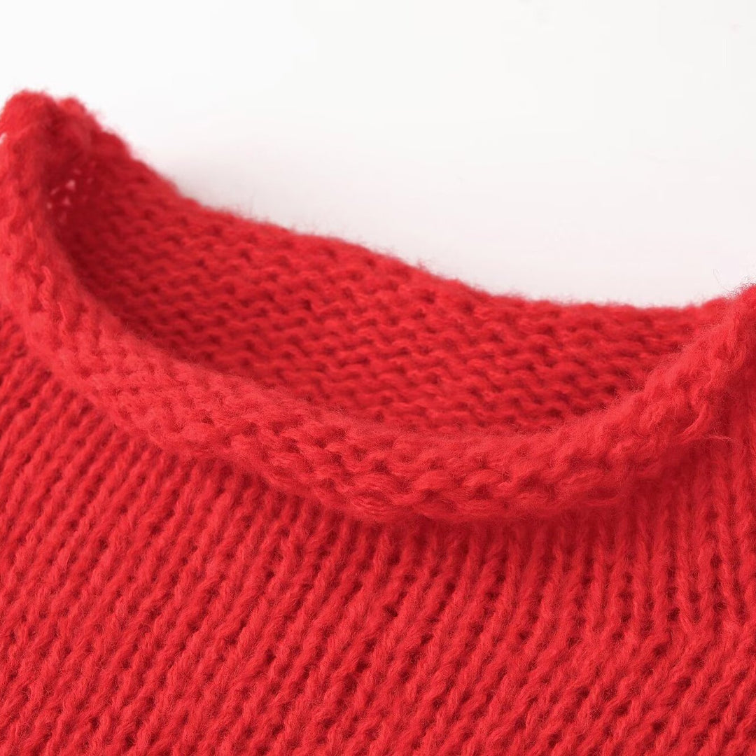Damen Grobgestrickter Oversize-Pullover mit kurzem Stehkragen und Zierknotendetail Drune