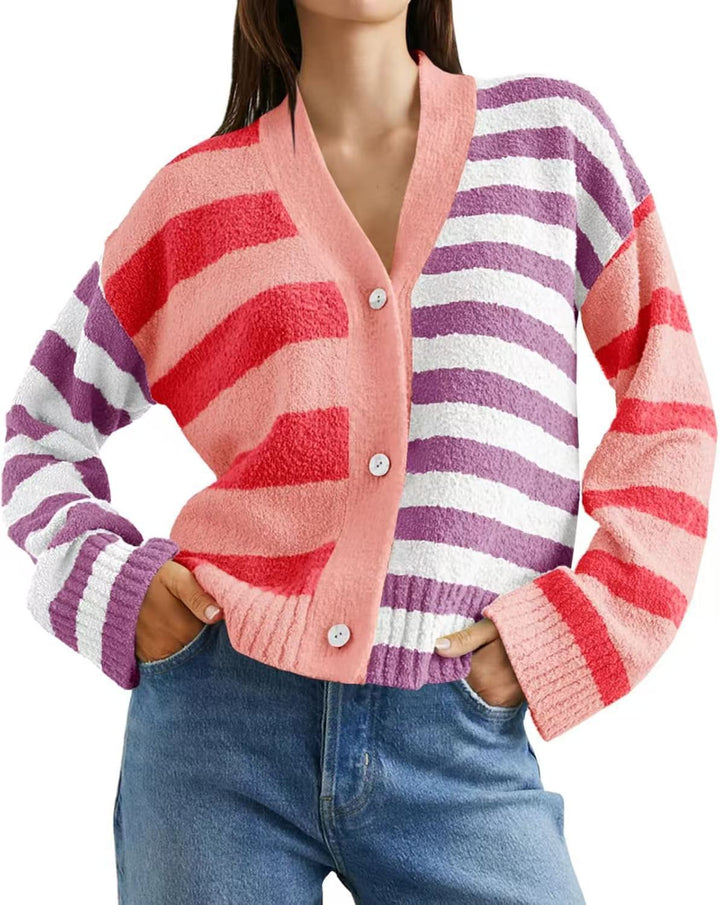 Damen lockerer gestreifter Frottee-Cardigan mit V-Ausschnitt und Knopfleiste Drune