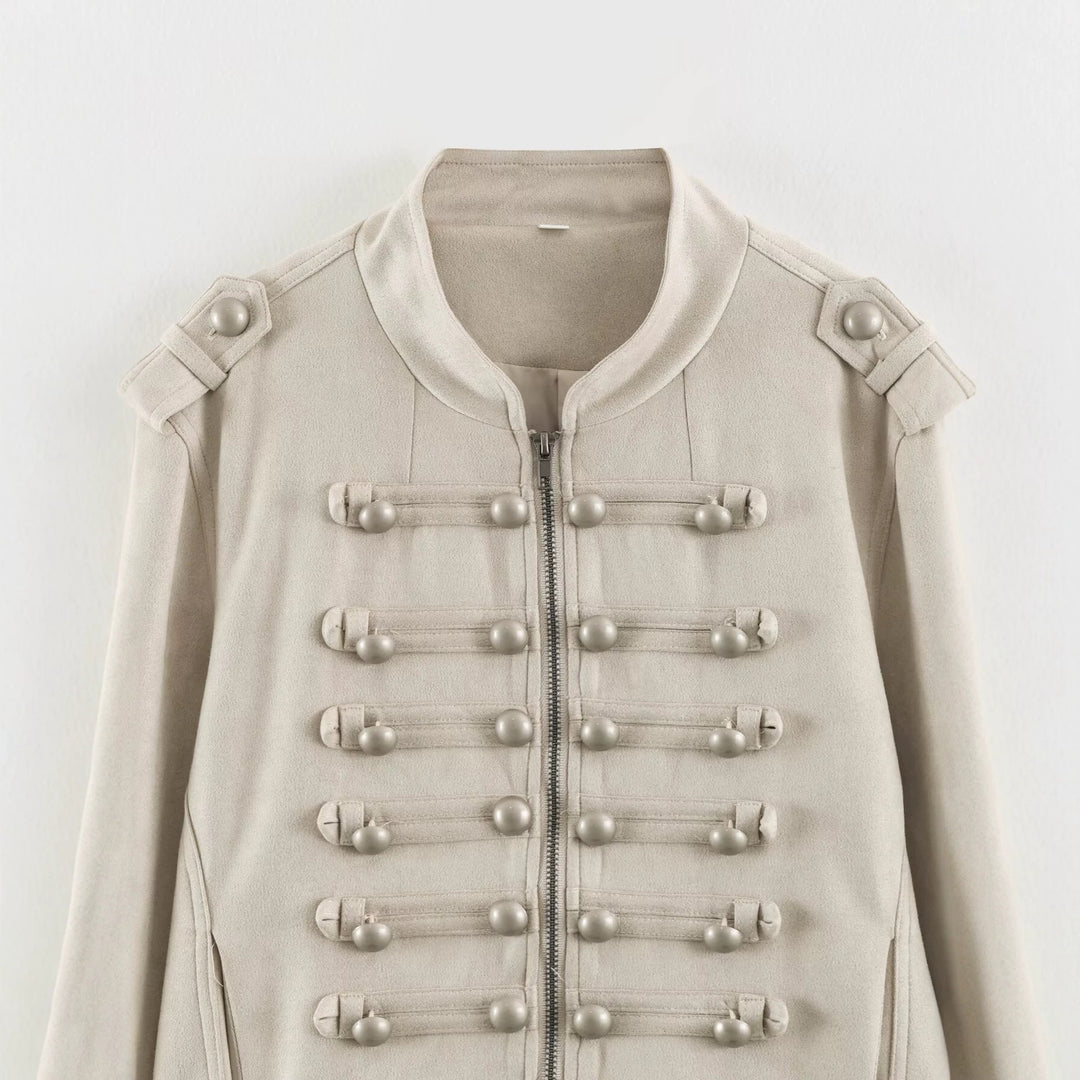 Damen Kurze Military-Jacke mit Zierknopfleiste und Stehkragen Drune