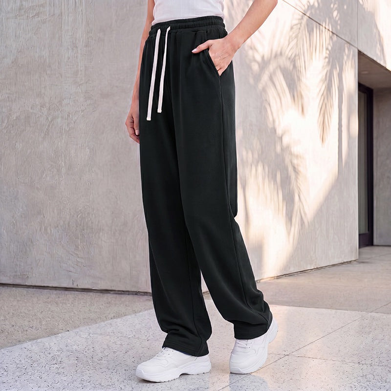 Damen nan weite Loungepalazzo-Hose mit hohem Komfortbund, Kordelzug, seitlichen Eingrifftaschen und dekorativer Seitennaht Drune