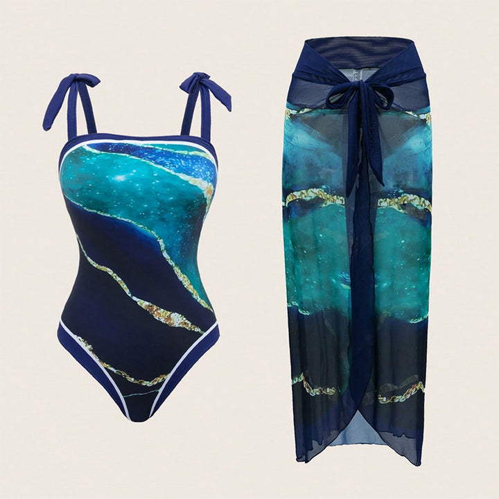 Damen Badeanzug Set mit transparentem Wickelrock Drune