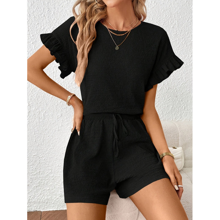 Damen Kurzarm-Overall mit Rüschendetails und Bindegürtel Drune