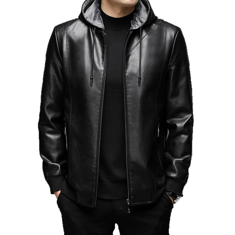 Herren Lederimitat-Hoodiejacke mit Kapuze, Reißverschluss und schmaler Silhouette Drune