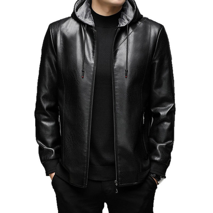 Herren Lederimitat-Hoodiejacke mit Kapuze, Reißverschluss und schmaler Silhouette Drune