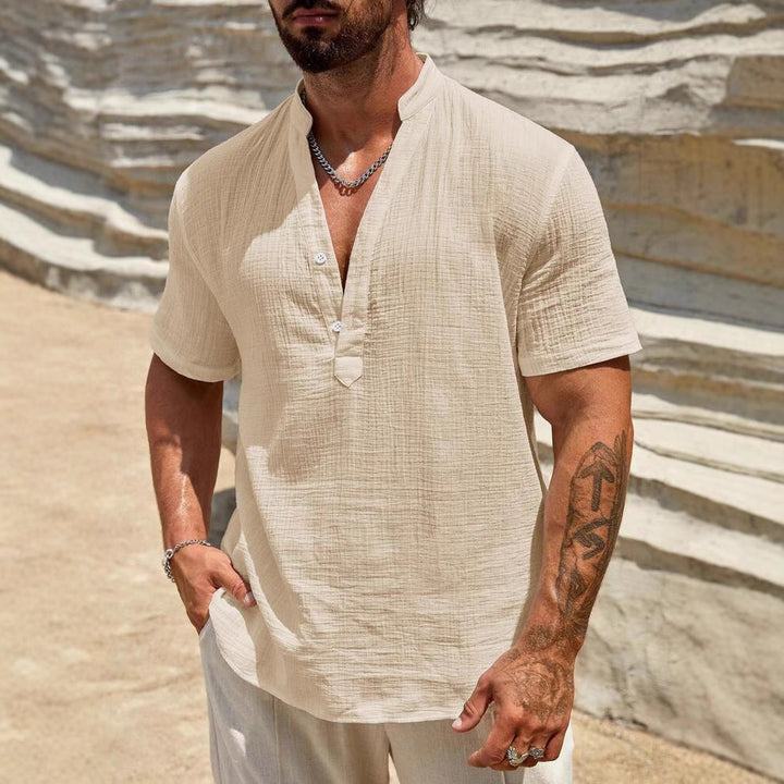 Herren Kurzarm Henley Hemd mit modernem Stehkragen aus leichtem Baumwollmaterial Drune