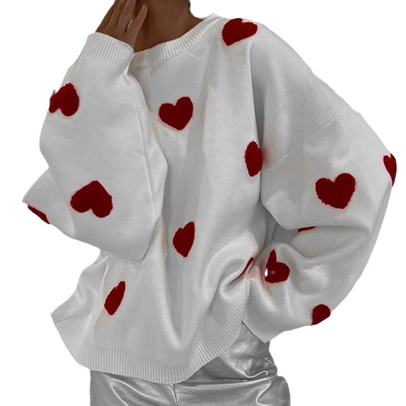 Damen Oversize-Feinstrickpullover mit Allover-Herzintarsien und überschnittenen Schultern Drune