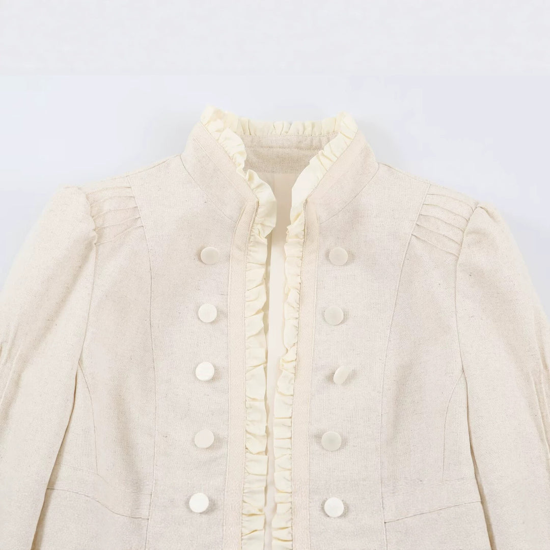 Damen Kurze Leinenoptik‑Jacke mit Rüschenstehkragen und dekorativer Doppelknopfleiste Drune