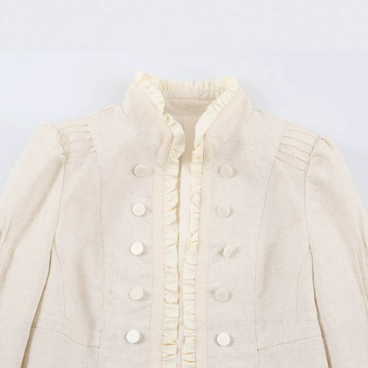 Damen Kurze Leinenoptik‑Jacke mit Rüschenstehkragen und dekorativer Doppelknopfleiste Drune