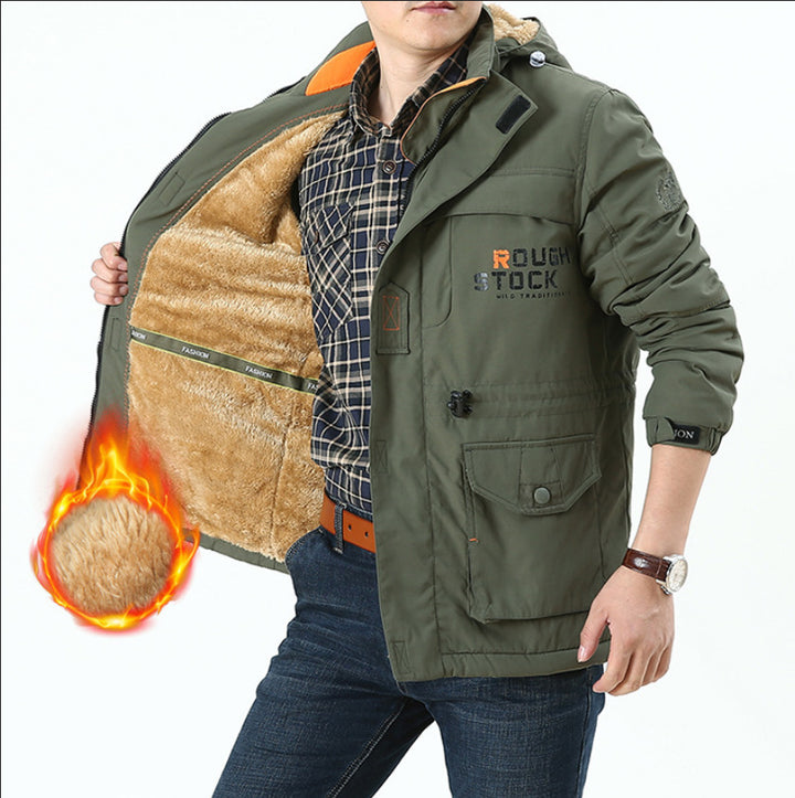 Herren Thermoisolierter Fieldparka mit Teddyfutter, Kapuze und Multifunktionstaschen Drune