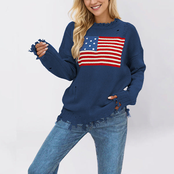 Damen modischer Pullover mit Flaggenmotiv und Fransensaum Drune