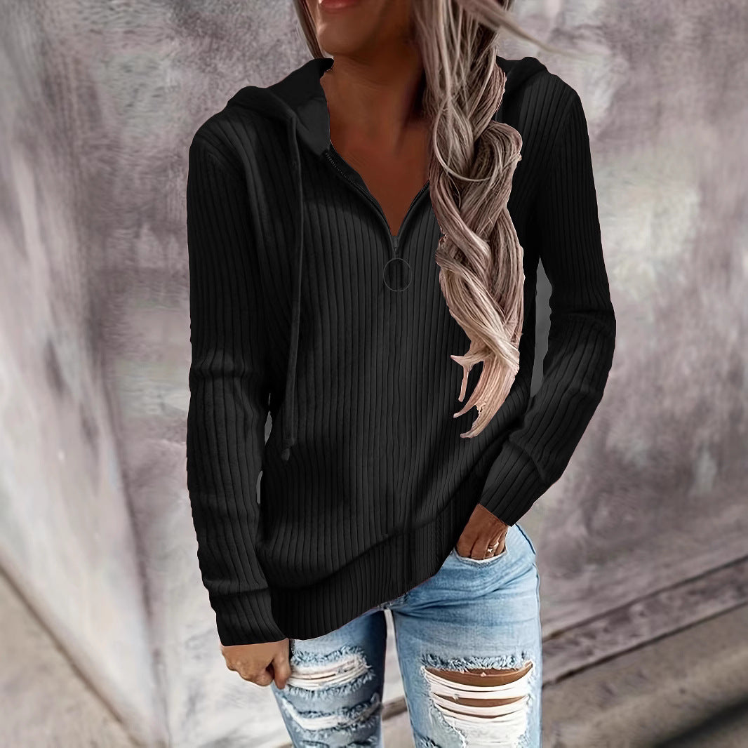 Damen Lässiger Rippstrick-Hoodie mit halbhohem Reißverschluss und Ringzipper Drune