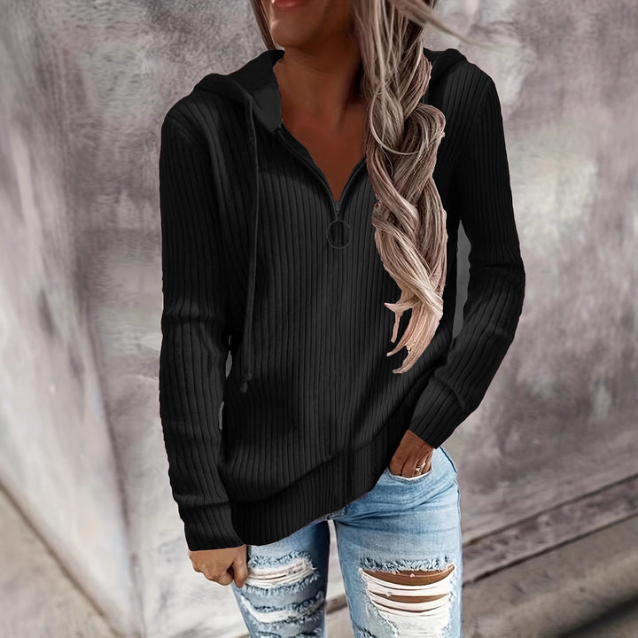 Damen Lässiger Rippstrick-Hoodie mit halbhohem Reißverschluss und Ringzipper Drune