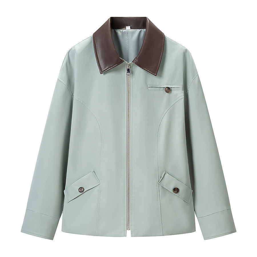 Damen Kurze Lederoptik-Blousonjacke mit Kontrastkragen und Reißverschluss Drune