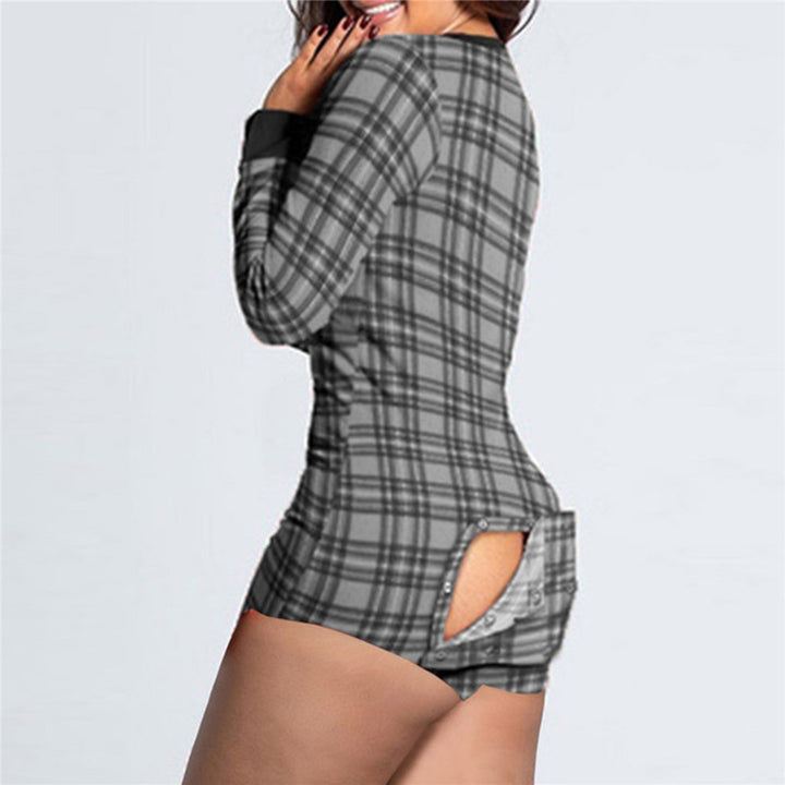 Damen Karierter Longsleeve-Body mit praktischer Rückenöffnung & Druckknopf-Slip Drune