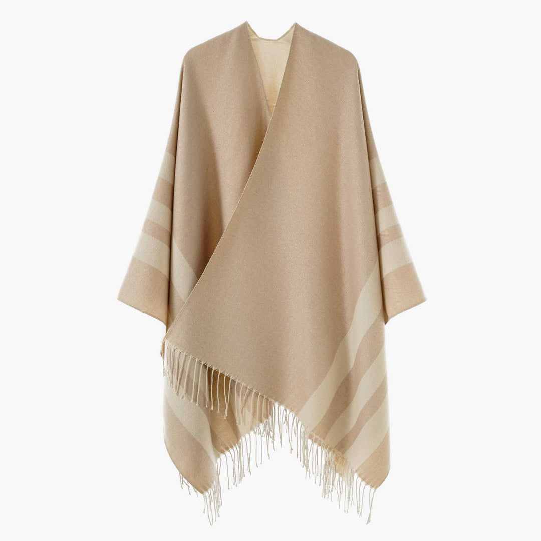 Damen Großer Wollmix Fransenponcho mit diagonalen Kontraststreifen Drune