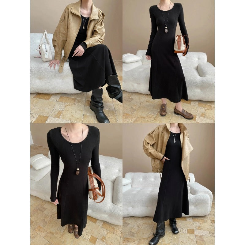 Damen elegantes langärmliges Maxikleid mit tailliertem Schnitt Drune