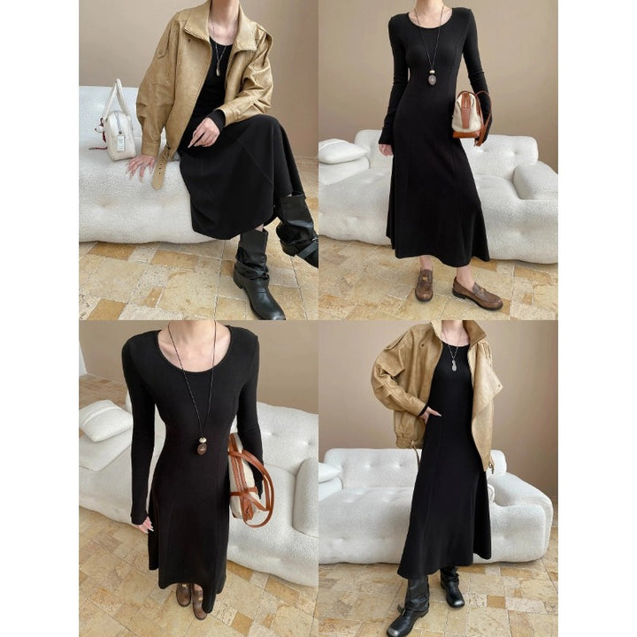 Damen elegantes langärmliges Maxikleid mit tailliertem Schnitt Drune