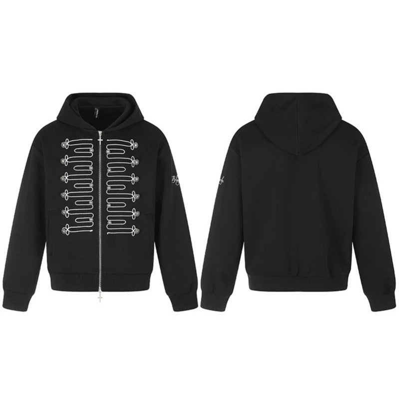 Unisex Zip-Kapuzenjacke im Military-Stil mit Zierkordeln und Metallknöpfen Drune
